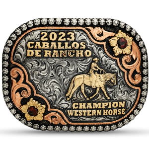 A custom rodeo belt buckle trophy for Caballos de Rancho Champion Western Horse featuring sunflowers and a cowboy figure 